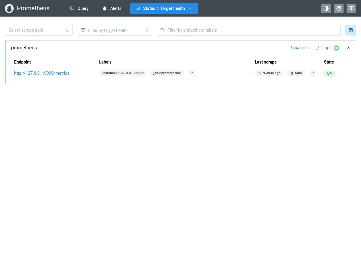 Prometheus targets page from a disposable local process scraping only itself; no lab hosts