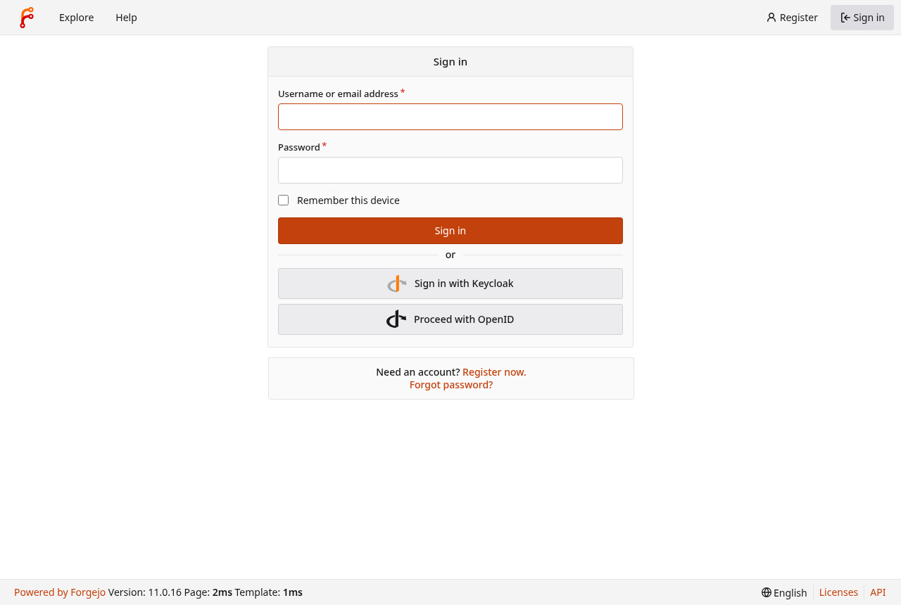 Forgejo login page showing Sign in with Keycloak button; password field empty
