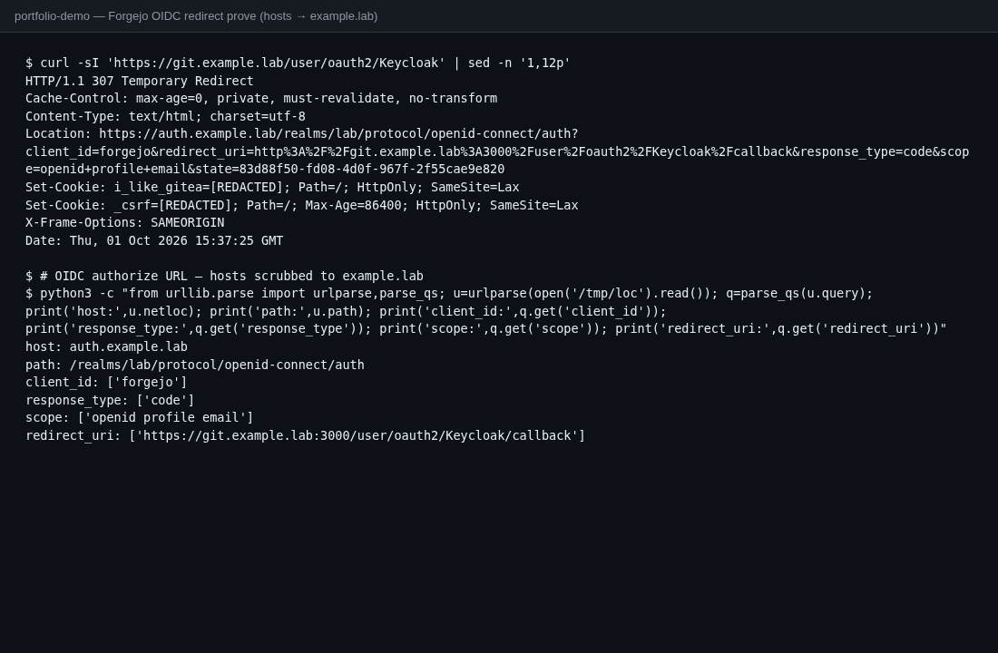 Terminal curl OAuth redirect to Keycloak authorize URL with hosts scrubbed to example.lab and cookies REDACTED
