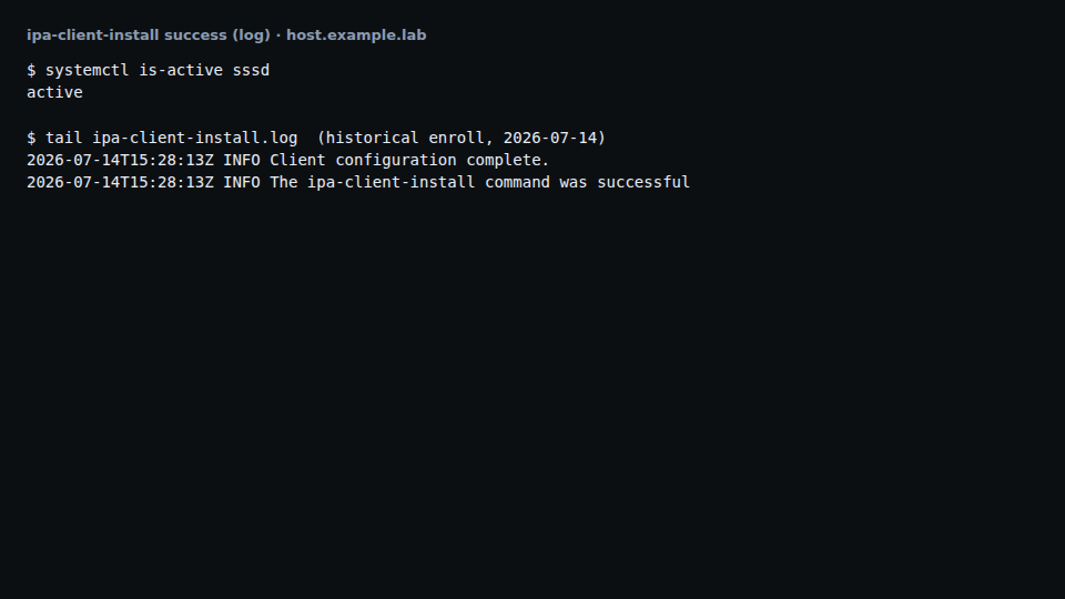 Historical FreeIPA client install success log with host aliased to host.example.lab; scrubbed
