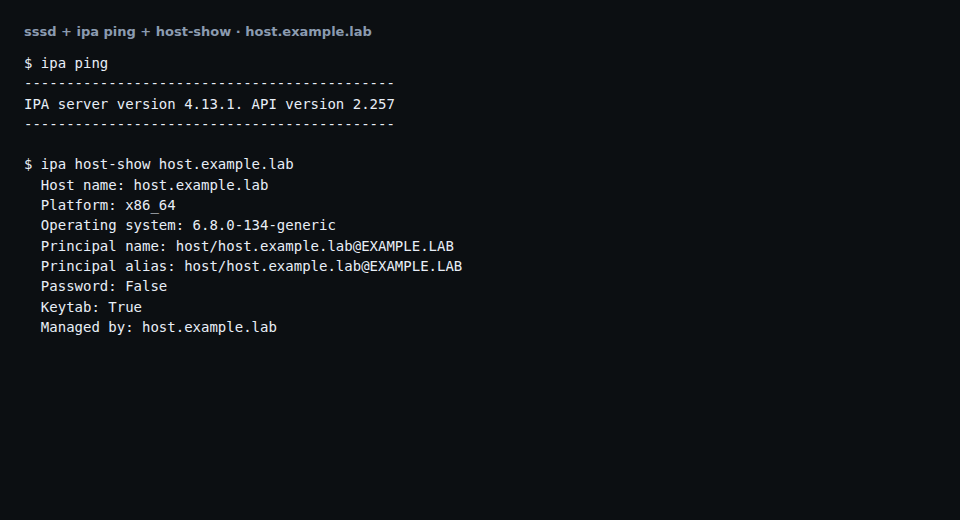 FreeIPA ping and host-show output for host.example.lab with host keytab true; scrubbed