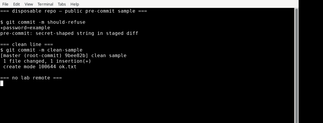 Terminal capture of the public pre-commit sample refusing a staged password assignment in a disposable repository