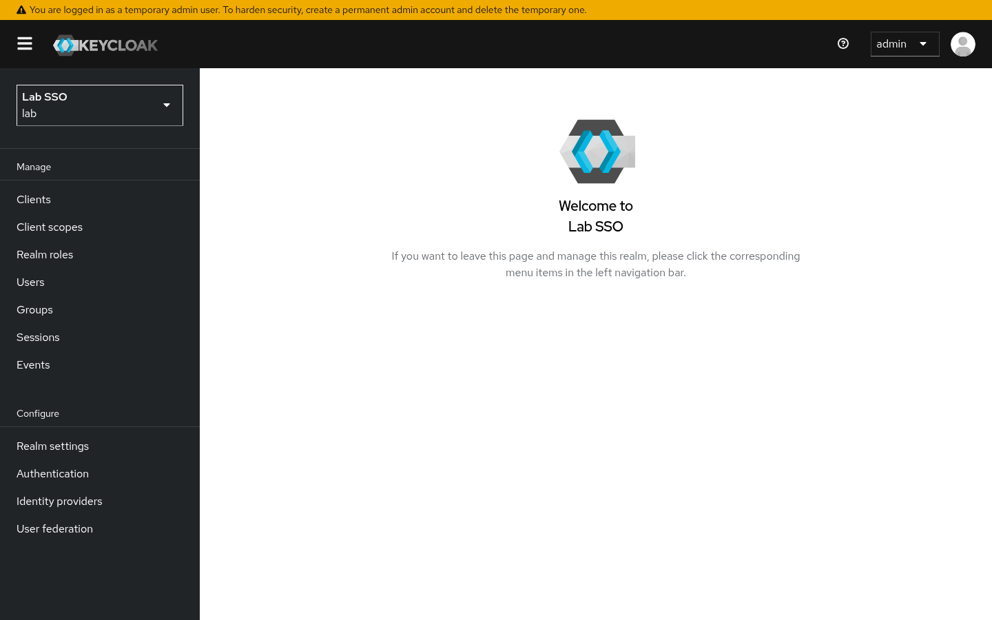 Keycloak admin console Lab SSO realm overview; hostname scrubbed; no password dialog
