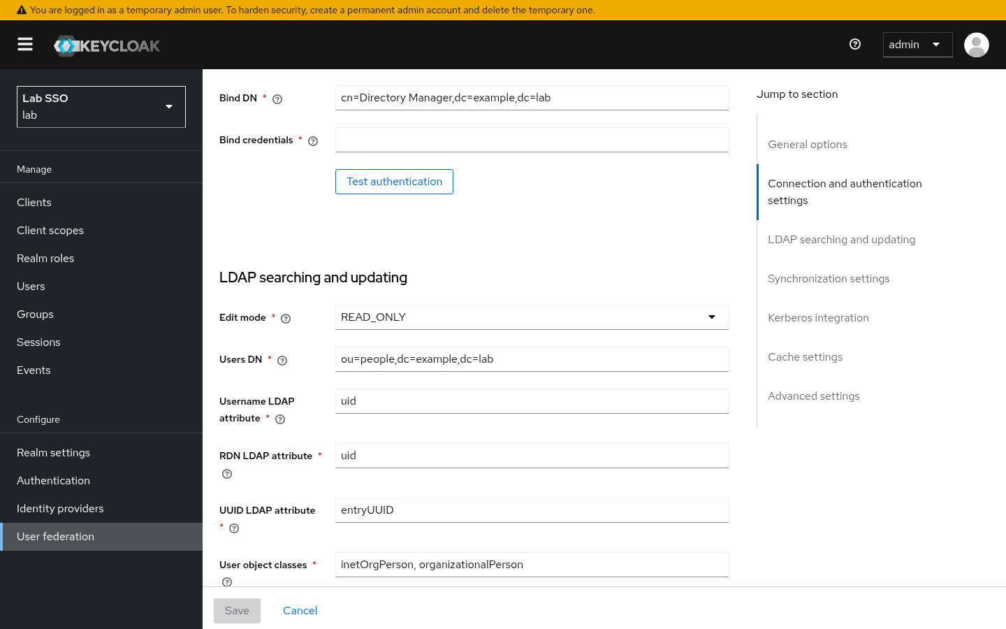 Keycloak LDAP user federation settings with Bind DN and Users DN placeholders; bind credentials empty