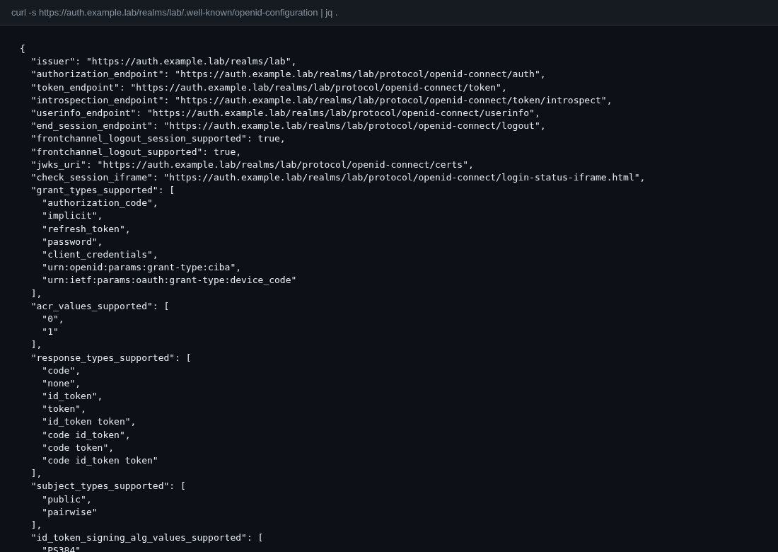 OpenID well-known JSON for realm lab with issuer host scrubbed to auth.example.lab