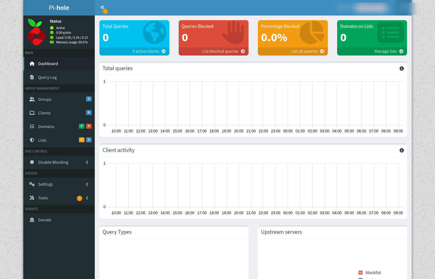 Pi-hole admin dashboard with hostname chip scrubbed; no password fields visible