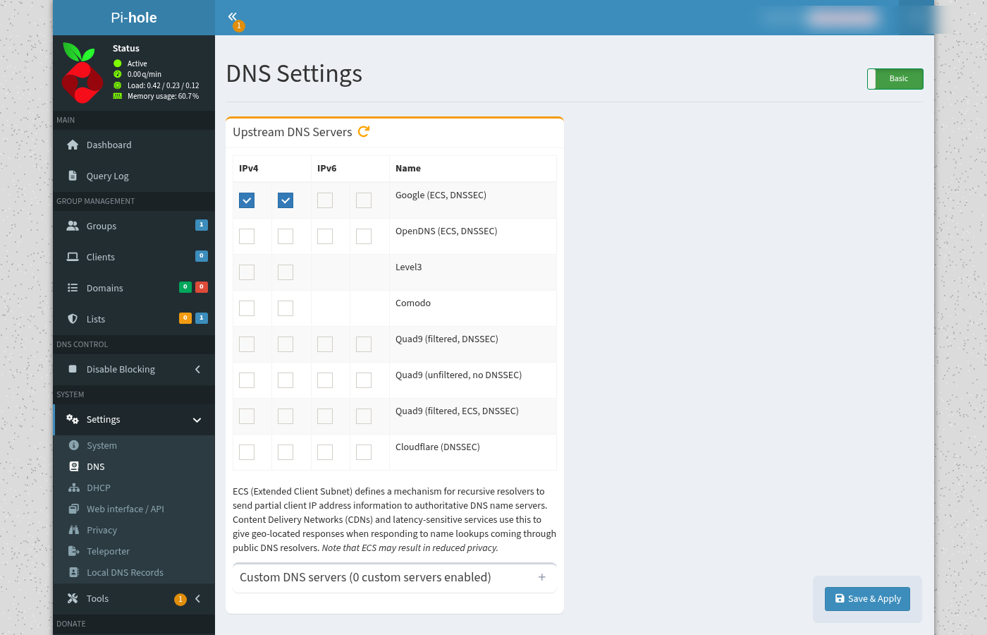 Pi-hole DNS Settings panel showing upstream public resolvers selected; hostname scrubbed