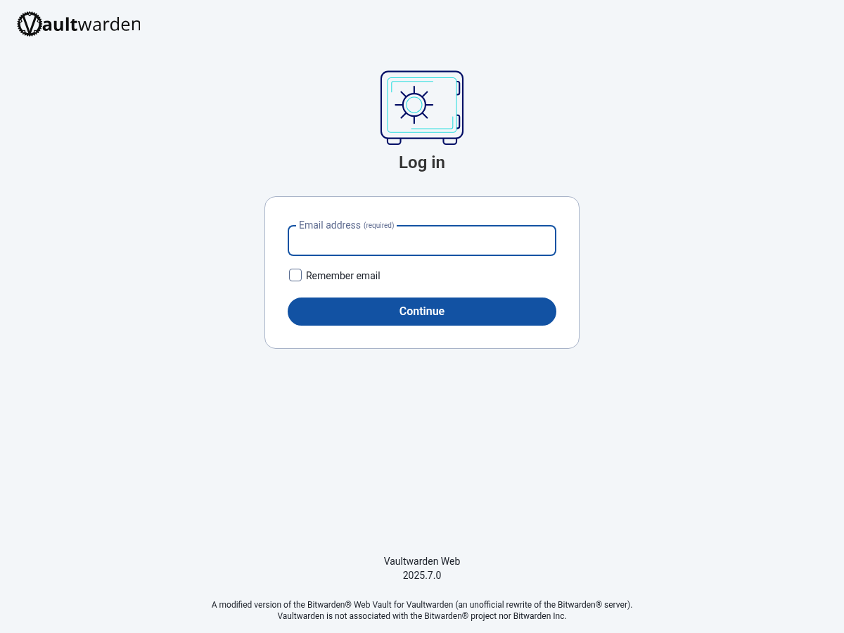 Vaultwarden login page from a disposable local sandbox; password field empty; no account created